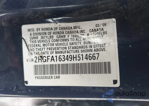 2009 Honda Civic Vp z USA, uszkodzony, nr VIN 2HGFA16349H514667